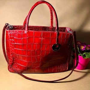 Furla Burgundy Red Crocodile Imprinted Leather Crossbody Bag (Vintage Early 00s)